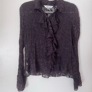Allison Taylor Deep Purple brown Ruffle sheer Blouse L